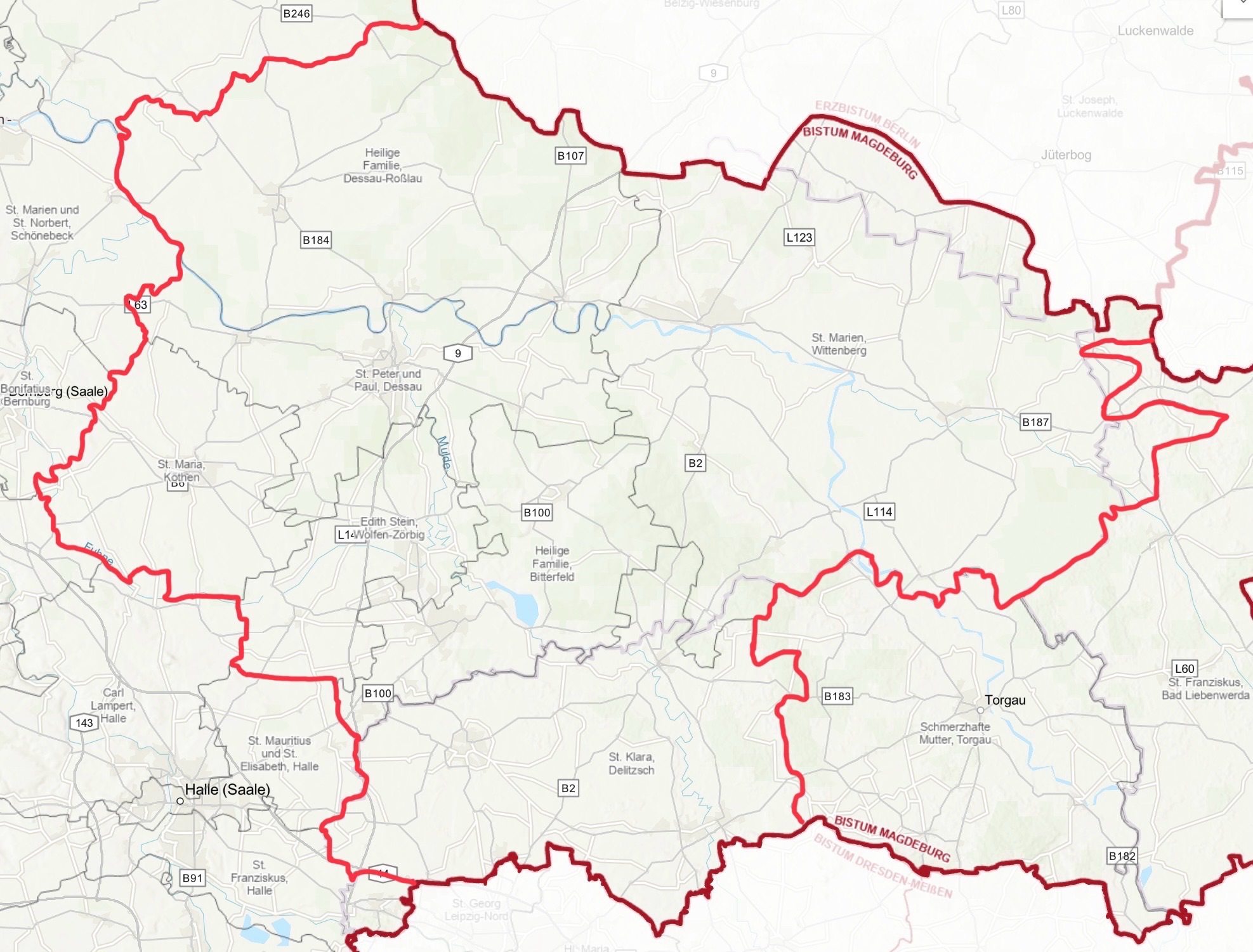 Kartenausschnitt, der das Gebiet der 7 Pfarreien anzeigt