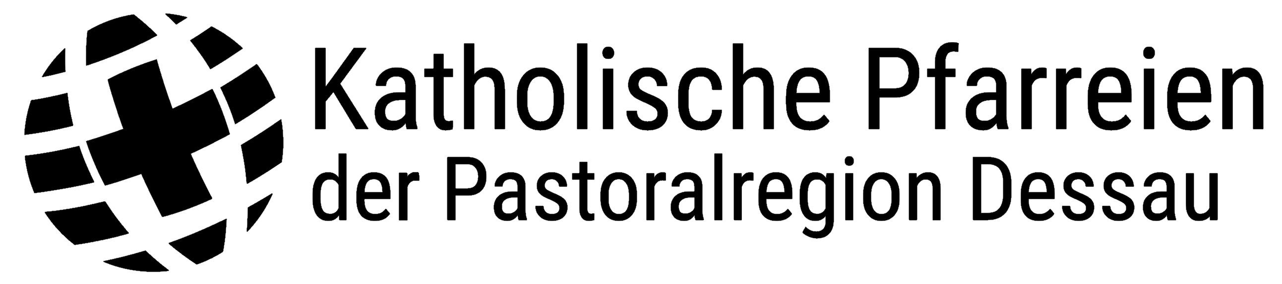 Logo der Pastoralregion: Kreuz auf runder unterteilter Fläche mit Text: Katholische Pfarreien der Pastoralregion Dessau